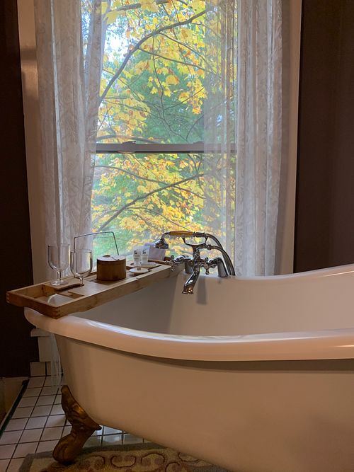 Clawfoot tub with bath amenities in Heather room - be careful, no shower curtain at Old Caledonian Bed & Breakfast in Caledonia