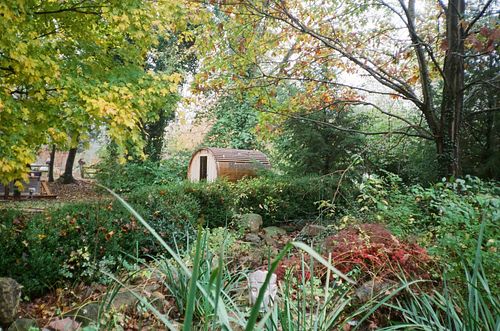 View of sauna from across the koi pond at Old Caledonian Bed & Breakfast in Caledonia