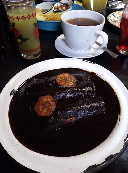 Tortillas with banana in mole. at Casa Tikal in Cuernavaca