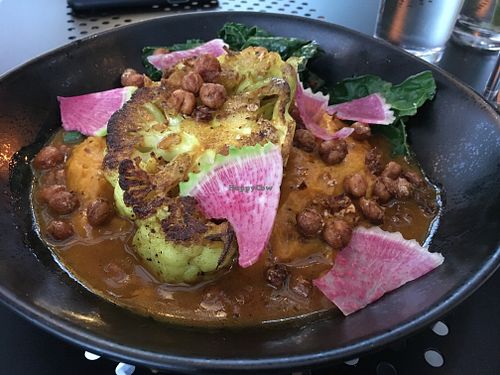 Cauliflower steak with Moroccan sweet potato very yummy at Wye Hill in Raleigh