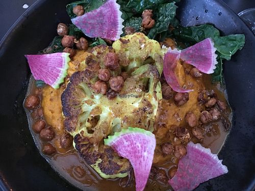 Cauliflower steak with Moroccan sweet potato very yummy at Wye Hill in Raleigh