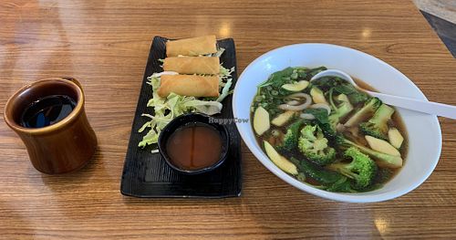 Green tea, egg rolls, vegetarian soup  at Love Ramen in Lancaster