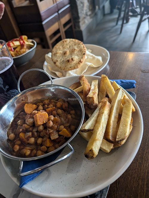 Chickpea and sweet potato curry with chips (could also have either rice or both) poppadom and naan at Galleon Inn in Broad Haven