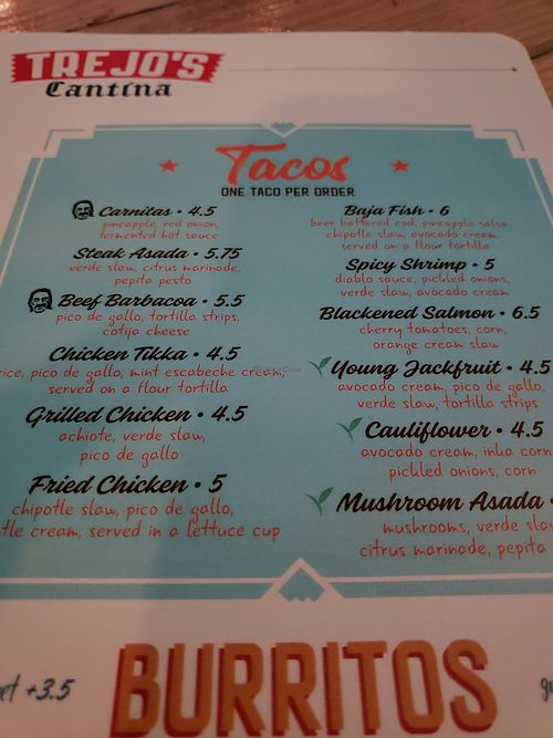 Menu, vegan options with the green V at Trejo's Cantina in Woodland Hills