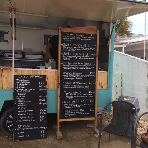 Sweet potato & regular fries with vegan sauce and a vegan ‘falafel’ burger on the menu.  at Burger Bar - Food Truck in Kralendijk