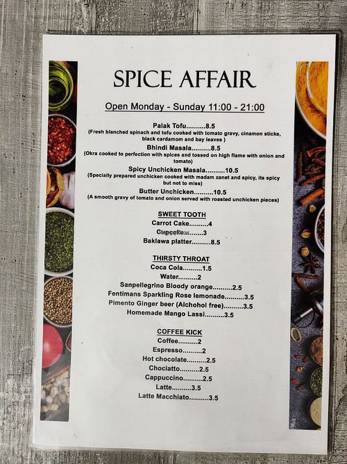 Menu with desserts and drinks at Spice Affair in Leidschendam-voorburg