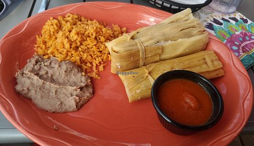 Vegan black bean tamales. Rice & bean portions could be better. at Su Casa Restaurante in South Haven