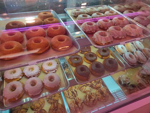 Doughnut case at Erin McKenna's Bakery in Santa Monica