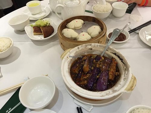 eggplant and steamed buns with goose at M Garden Vegetarian 常悅素食 in Kowloon