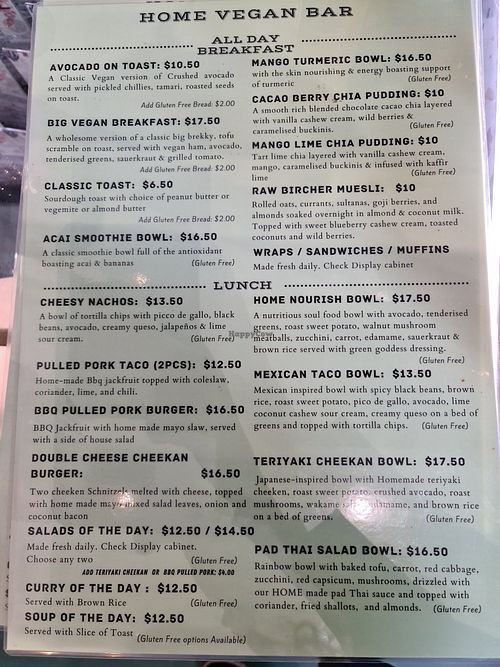 Current menu at Home Vegan Bar in Docklands