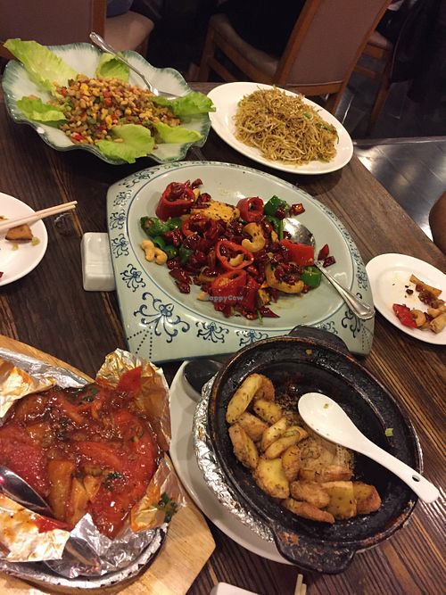 Sichuan style tofu (half eaten by the time I took the photo); diced mushrooms, water chestnuts and pine nut lettuce wraps; soy sauce noodles; hedgehog mushrooms; baked aubergine at Pure Veggie House 心齋 - Xīn Zhāi in Kowloon