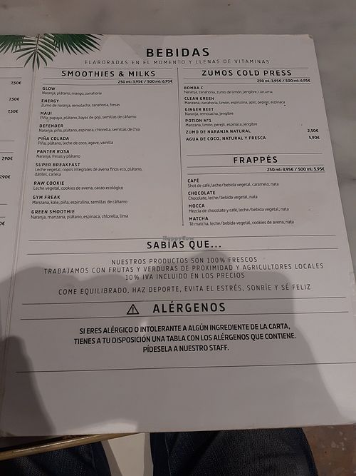 Menu at Rawcoco in Valencia