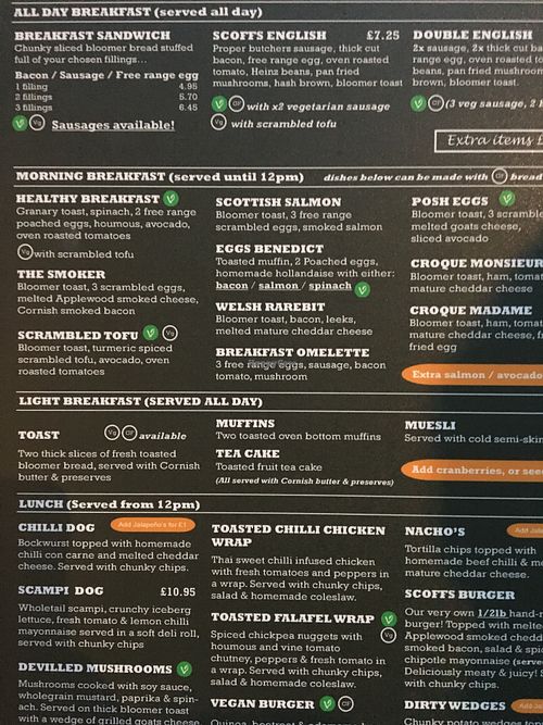 The small black Vg circle symbol is the vegan options at Scoff Troff Cafe in St Ives