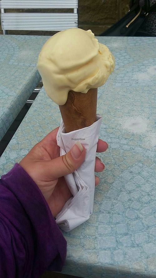 Peach ice cream with sugar cone at Minchella & Co - Sea Road in South Shields