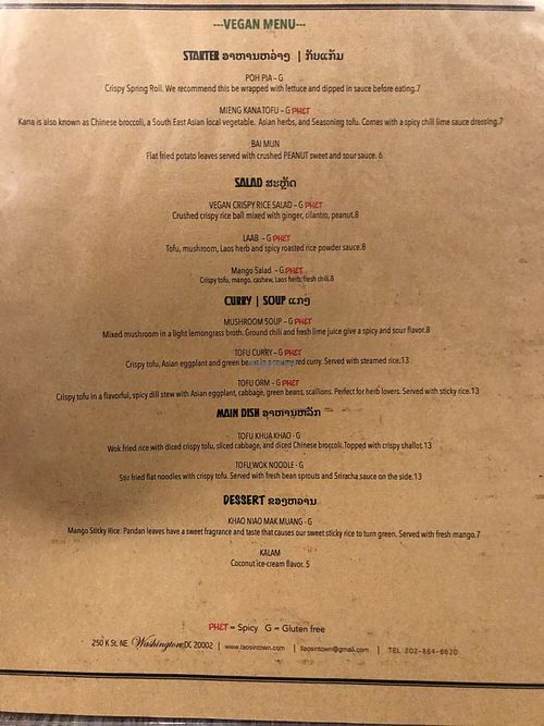 Vegan menu at Laos in Town in Washington