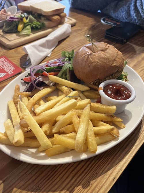 Vegan burger and chips  at Fishermans Return in Great Yarmouth