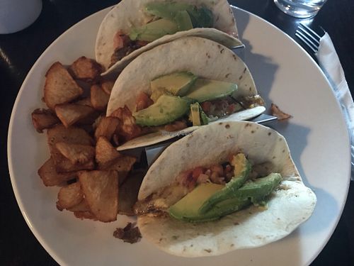 Breakfast tacos with vegan cheese at Rowley Inn in Cleveland