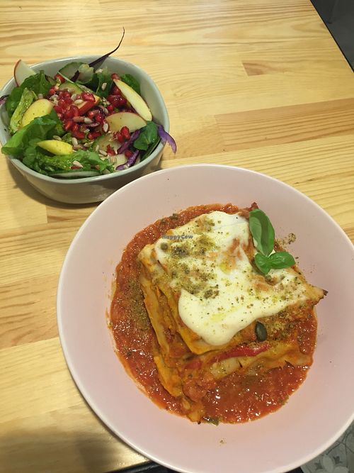 Spinach lasagna and side salad at Yummy Mummy Vegan Bistro in Berlin