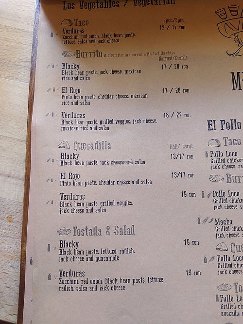 Vegetarian menu at Taqueria Mexicana in Brasov