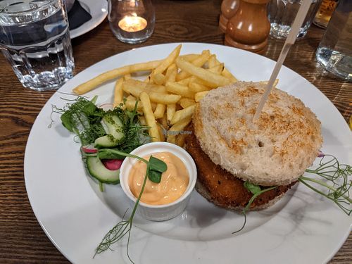 Veg burger with sourdough bread, chips and salad at Kilchrenan Inn in Taynuilt