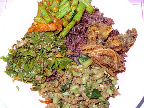 Brown rice with three different vegetable dishes at Mang Sawirat in Tak