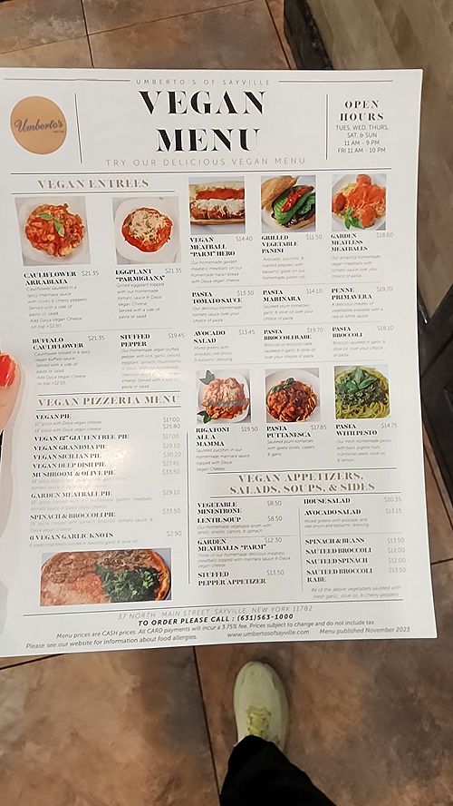Vegan menu at Umberto's in Sayville