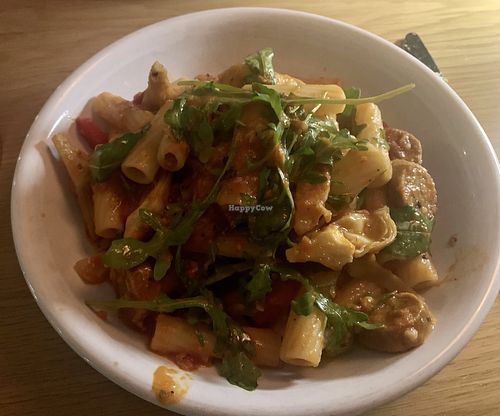 Rigatoni alla Frankie: vegan sausage, artichokes, marinara. Awesome!  at Frankie's in Lenox