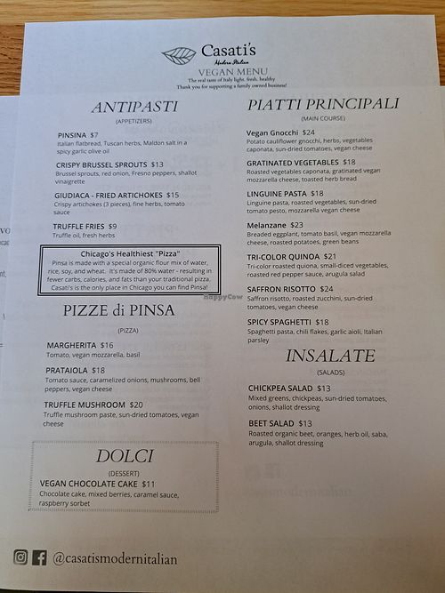 Vegan menu at Casati's in Chicago