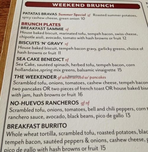 partial brunch menu  at Real Food Daily in Santa Monica