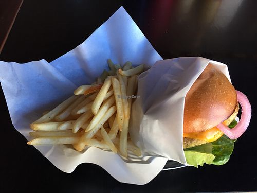 Chickpea burger with side of fries at Chip's Loft in Footscray