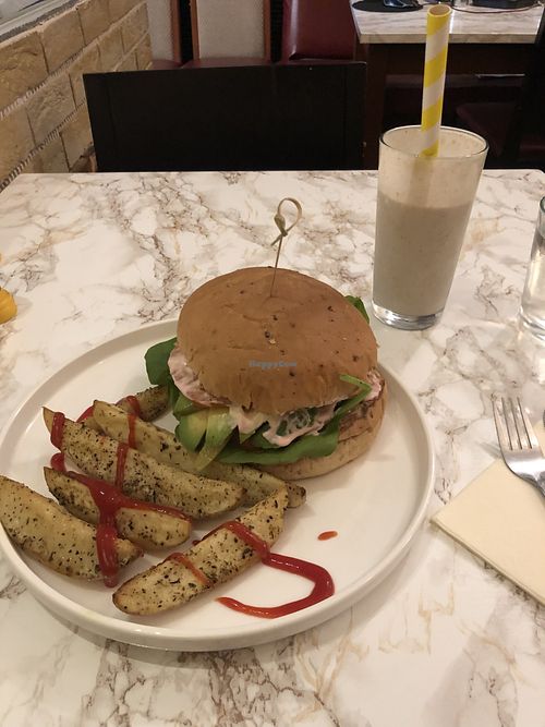 Quinoa burger with avocado and potatoes  at VeganE & Saint Vegan in South West London