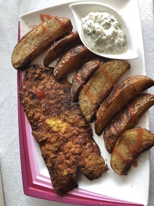 Tempeh ‘fish’ with tartare sauce and chunky skin on wedges at VeganE & Saint Vegan in South West London