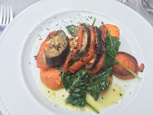 Vegan dish : sweet potatoes, spinach, tomato, zucchini, eggplant. at Incomum in Sintra