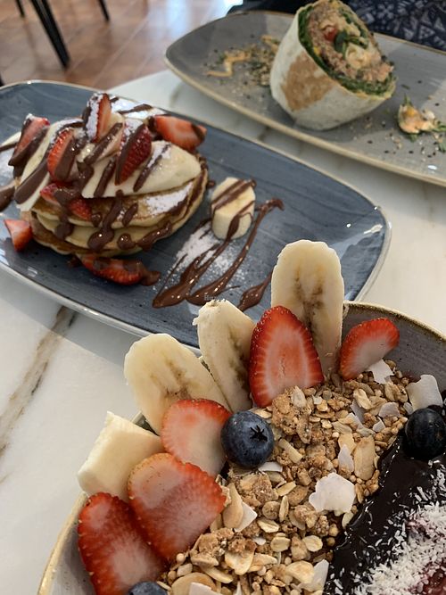 Acai bowl, pancakes and breakfast burrito  at Abigail's Cafe in Lagos