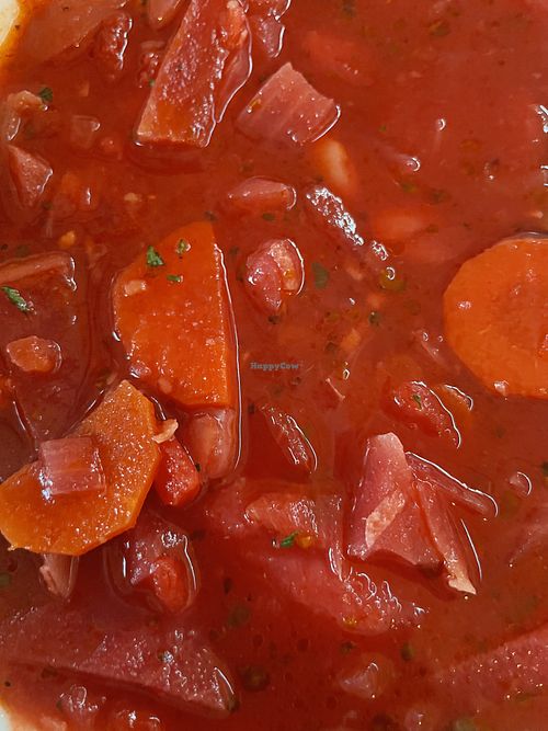 Ukrainian soup with beetroot, beans and tomatoes. Tasty! at Gospoda pod Żubrem in Bialowieza