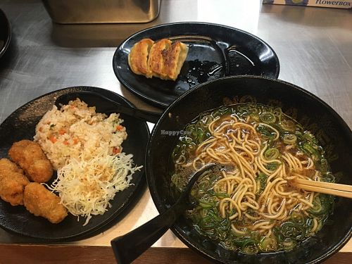 Set menu with all vegan ramen, fried rice, gyoza, and vegan chicken at Menbaka Fire Ramen めん馬鹿 in Kyoto
