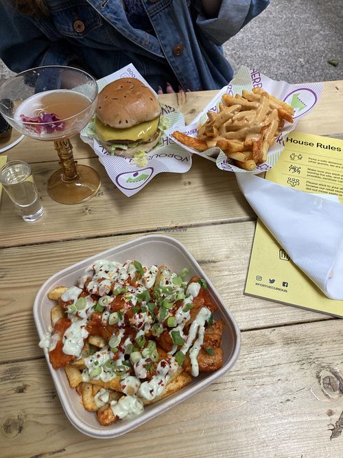GF buffalo wings loaded fries, cheese burger, cheesy fries at Herbivorous in Sheffield