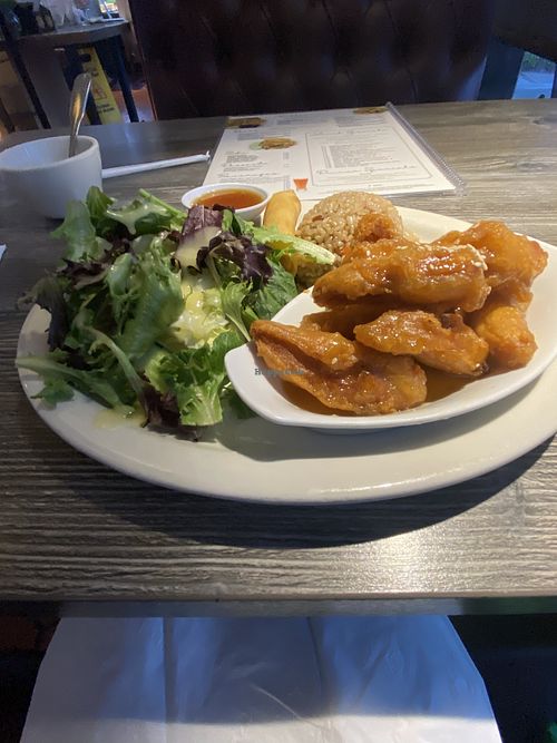 Dinner Special (Miso Soup, Fried Spring Roll, Fried Brown Rice, Salad -Dressing is AMAZING, Orange Chicken) $13.99  at Bright Star in Rancho Cucamonga