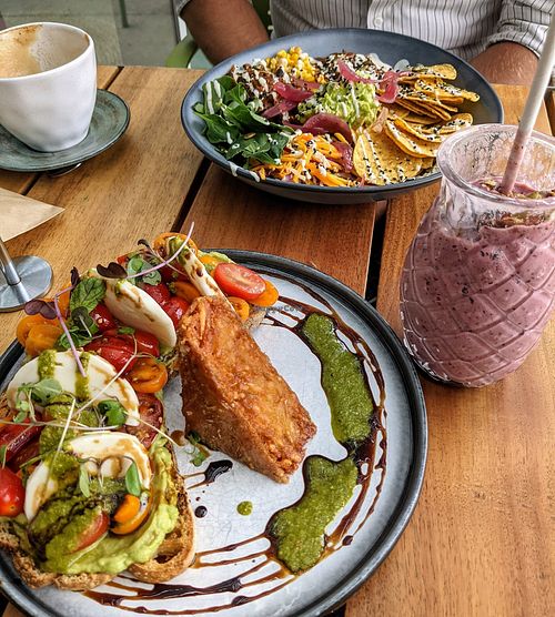 Caprese Avo Toast with a hash brown and the tortilla bowl. Yum! at Good Food Emporium Cafe - Illume in Narre Warren