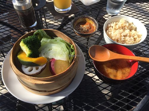 Steamed vegetables (comes with miso dip, brown rice and miso soup) at Easy Life Cafe in Narita