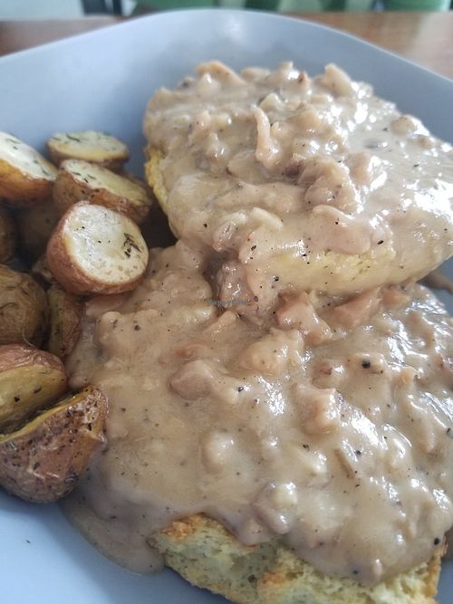 Vegan biscuits and gravy with herb potatoes (weekend special) at Simple Cafe in Asheville