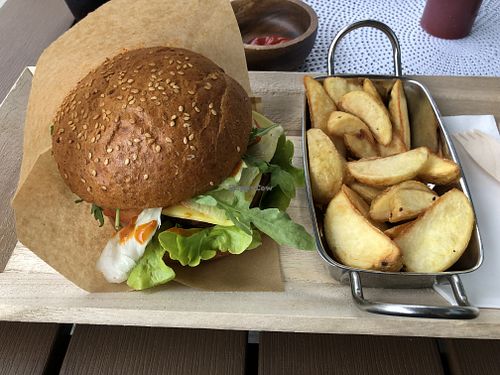 Beyond Meat burger with potato wedges  at Vegan Burger in Dornbirn
