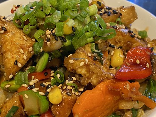 Vegetable tofu rice bowl at East by Southwest in Durango
