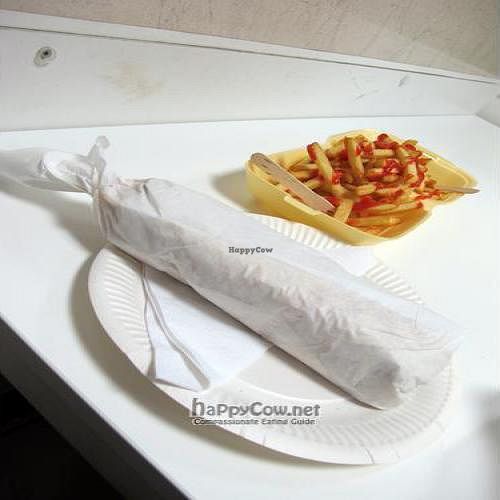 Nicely wrapped wraps, with chips. at Mr Falafel in West London