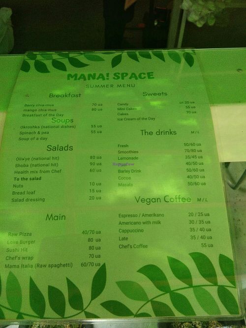 English menu at Mana Space in Kyiv