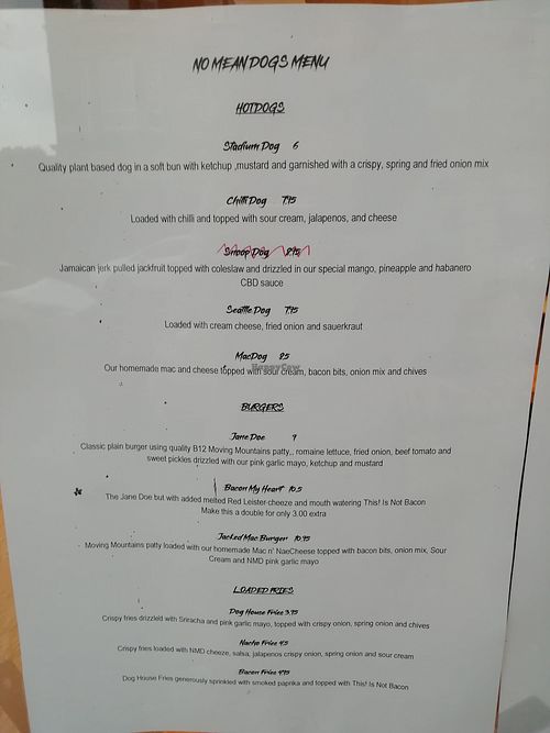 Menu at No Mean Dogs in Glasgow