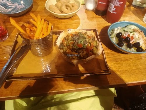 Vegan Mediterranean salad tartlet, Sweet potato Fry's and salad from the salad bar which is included and unlimited at The Unicorn in Plymouth