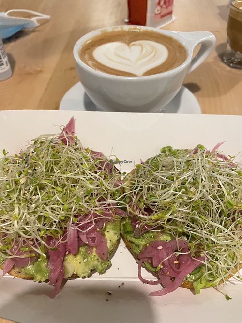 Mocha and bagel with avocado, pickled onions and sprouts  at The Bagel Mill in Petaluma