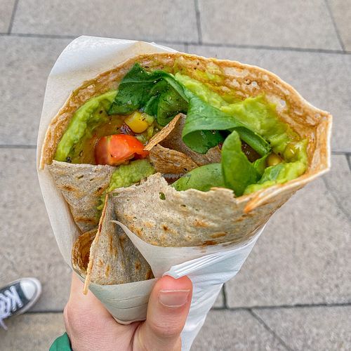 vegan smash up (avocado, tomatoes, sweetcorn, spinach and sweet chilli sauce) at Cambridge Crepes in Cambridge