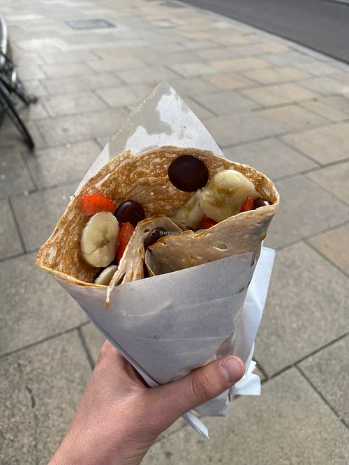 dark chocolate, banana and strawberry vegan crepe at Cambridge Crepes in Cambridge